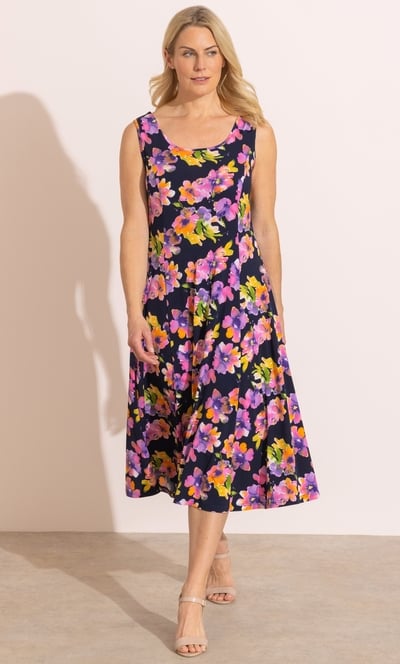 Anna Rose Bouquet Printed Sleeveless Midi Dress