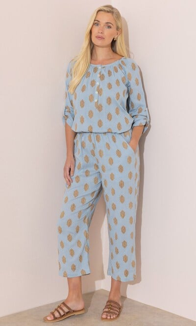 Geometric Embroidered Wide Leg Cropped Cotton Trousers