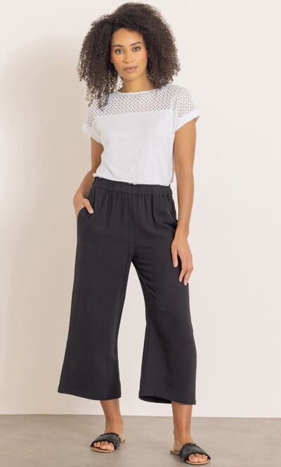 Wide Leg Cropped Cotton Pull On Trousers