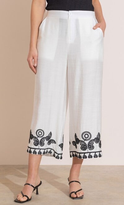Embroidered Wide Leg Cropped Trousers