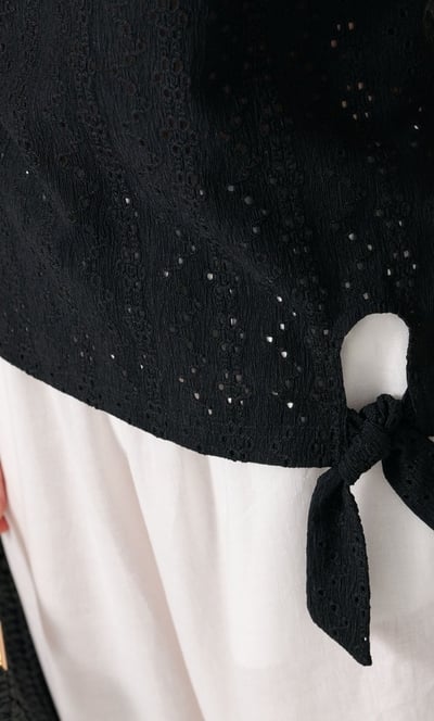 Eyelet Embroidered Tie Front Jersey Top