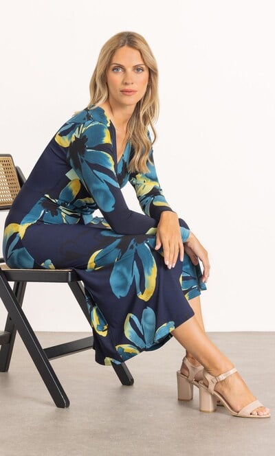 Wrap Around Floral Long Sleeve Midi Dress