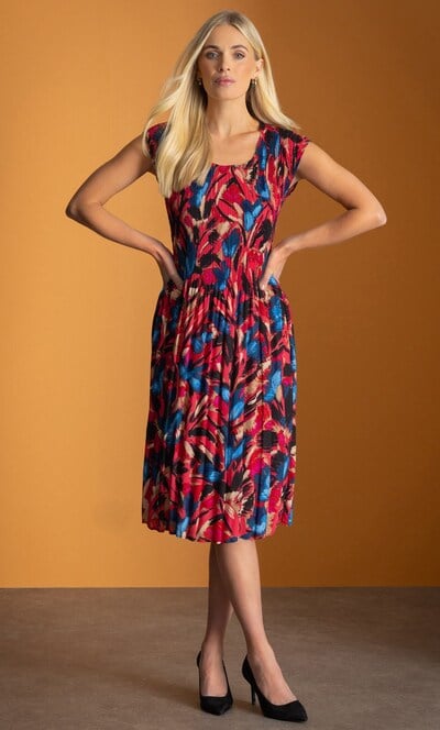 Abstract Floral Print Pleated Dress