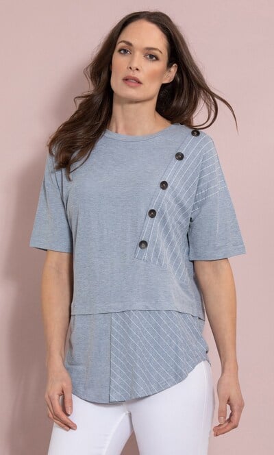 Button And Stripe Short Sleeve Top