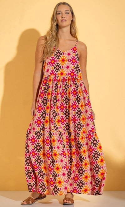 Aztec Print Relaxed Fit Strappy Maxi Dress