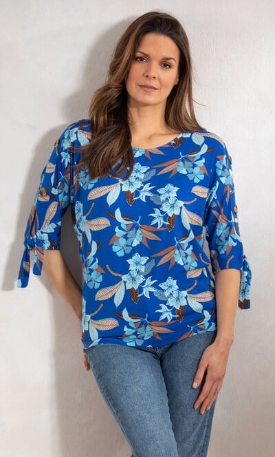 Tie Cuff Floral Print Jersey Top