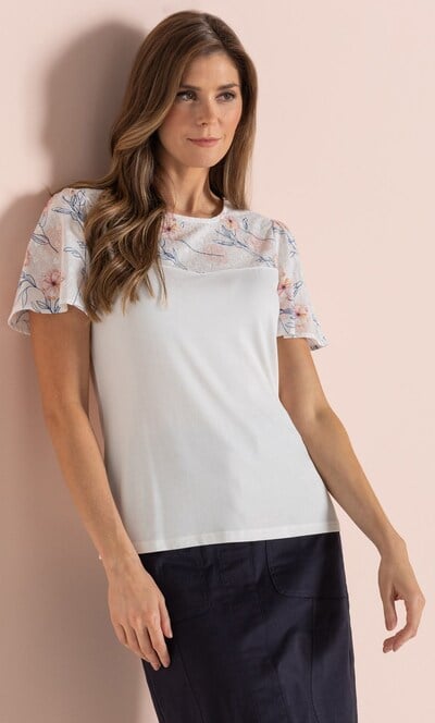 Short Sleeve Floral Trim Top