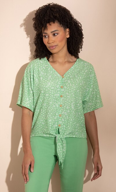 Printed Textured Tie Front Top