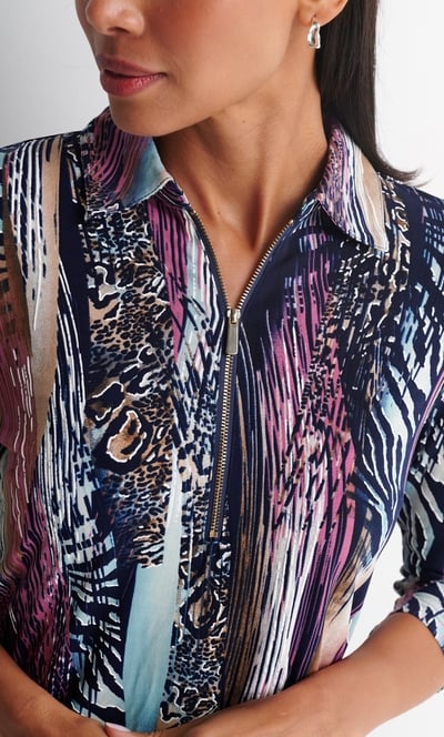 Anna Rose Textured Print Zip Detail Polo Top