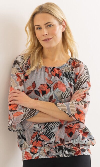 Leaf Print Smocked Hem Top