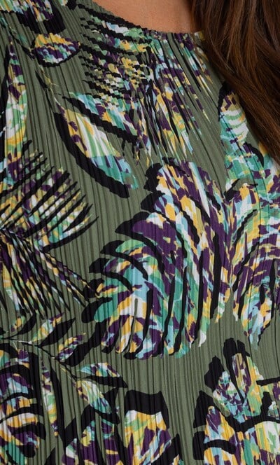 Pleated Leaf Print Dress