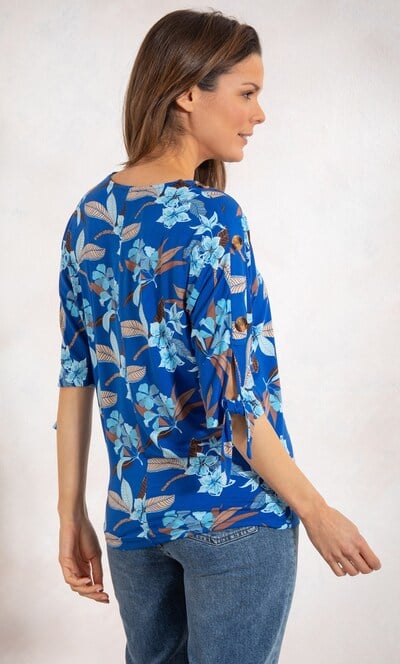 Tie Cuff Floral Print Jersey Top