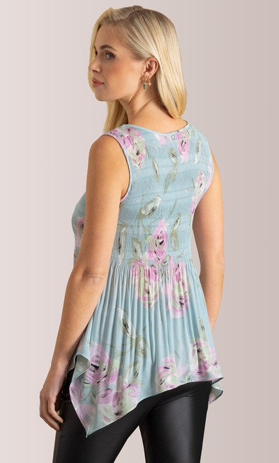 Pleated Floral Print Dip Hem Top