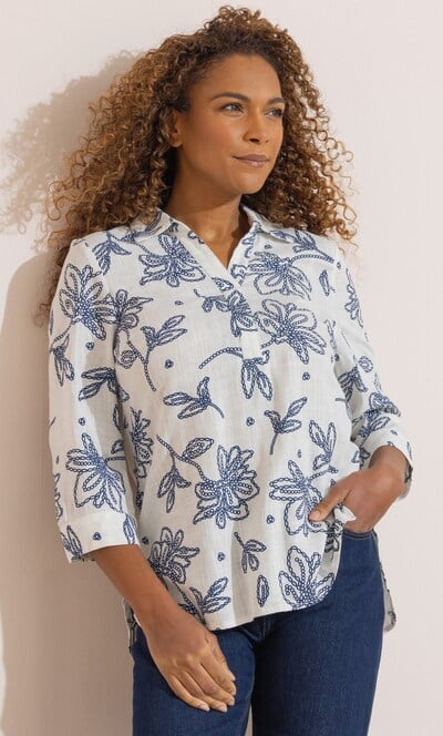 Anna Rose Floral Chain Print Linen Blend Blouse