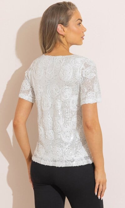 Rose Applique Sequinned Mesh T-Shirt