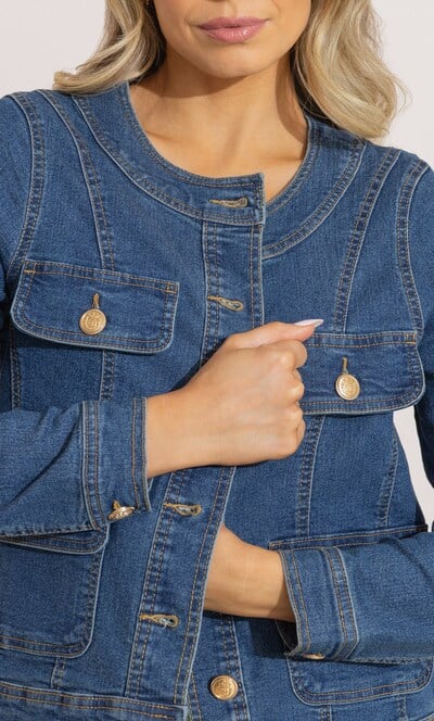 Collarless Washed Denim Jacket