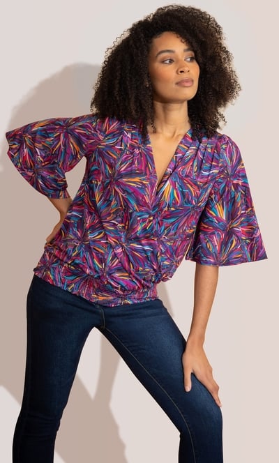 Printed Wrap Smocked Hem Top