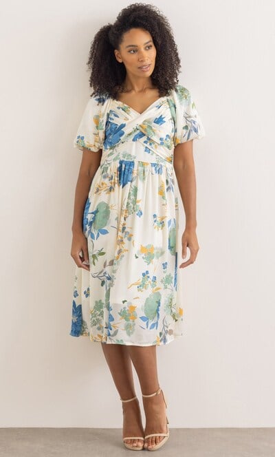 Floral Print Puff Sleeve Midi Dress