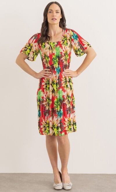 Garden Print Pleated Short Sleeve Dress