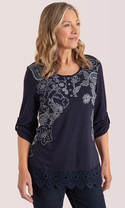 Anna Rose Printed Lace Trim Top