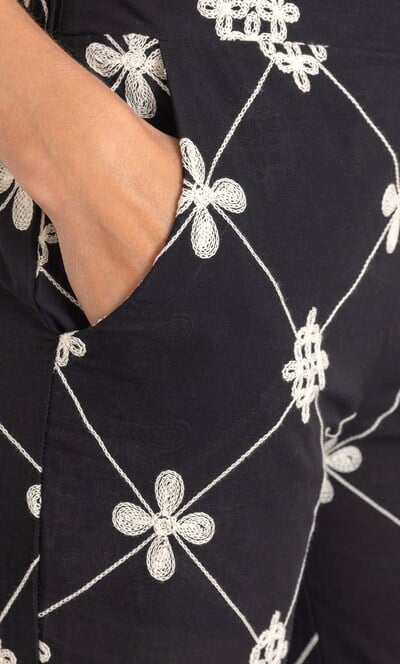 Embroidered Wide Leg Pull On Cotton Trousers