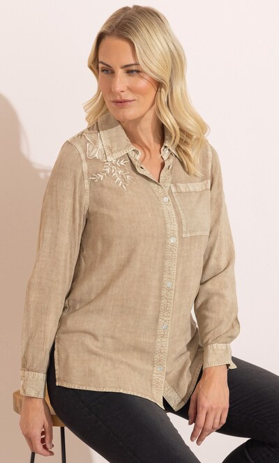 Embroidered Washed Long Sleeve Shirt
