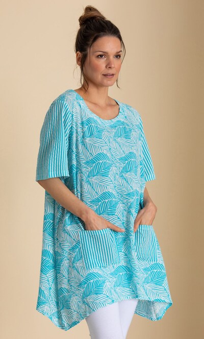 Leaf And Stripe Print Textured Tunic Top