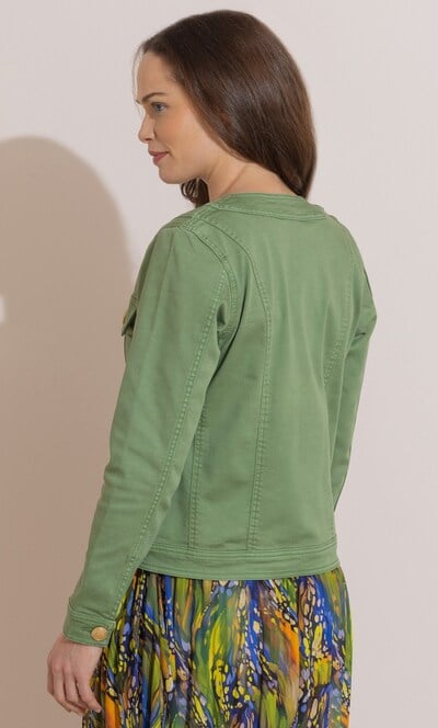 Collarless Cotton Blend Denim Jacket
