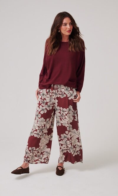 Wide Leg Pull On Floral Print Trousers