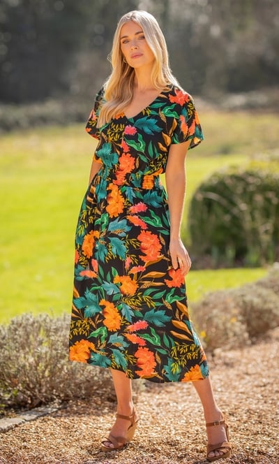Exotic Floral Print Midi Dress