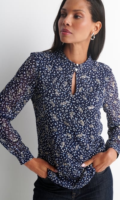 Anna Rose Gold Foil Feather Printed Blouse