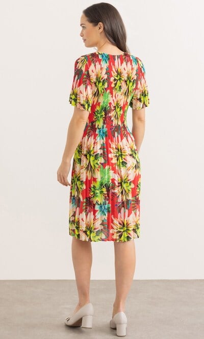 Garden Print Pleated Short Sleeve Dress