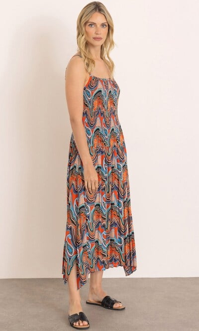 Printed Dipped Hem Pleated Maxi Dress