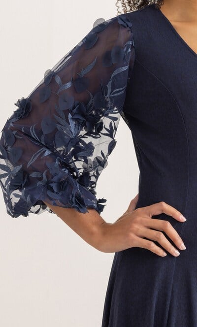 Floral Applique Puff Sleeve Midaxi Mesh Dress