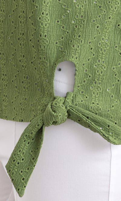 Eyelet Embroidered Tie Front Jersey Top