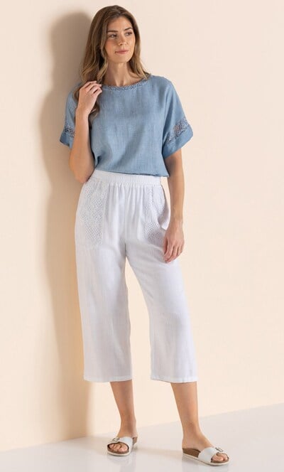 Wide Leg Linen Blend Cropped Trousers