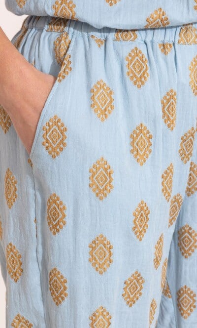 Geometric Embroidered Wide Leg Cropped Cotton Trousers