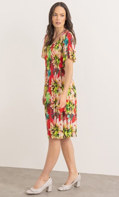 Garden Print Pleated Short Sleeve Dress
