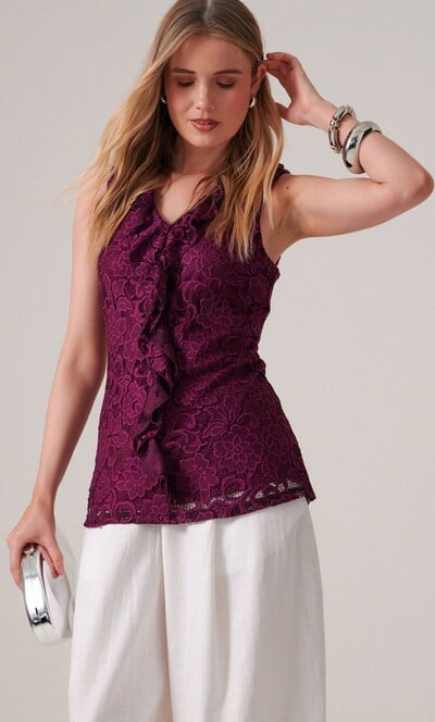 Sleeveless Frill Front Lace Top