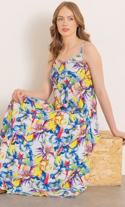 Bias Cut Bouquet Print Strappy Maxi Dress