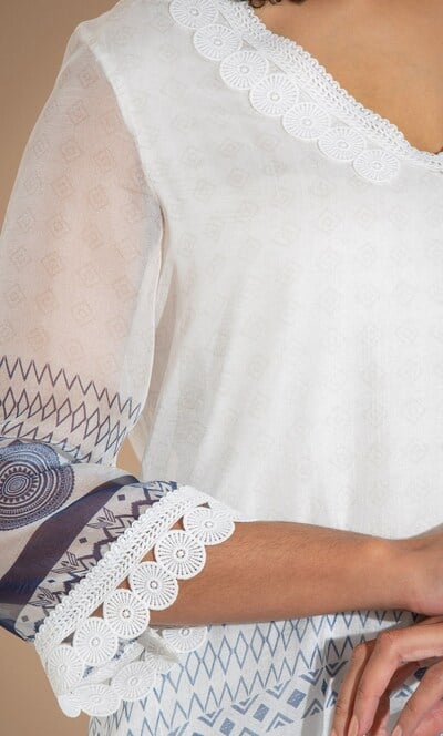 Crochet Trim Printed Chiffon Top