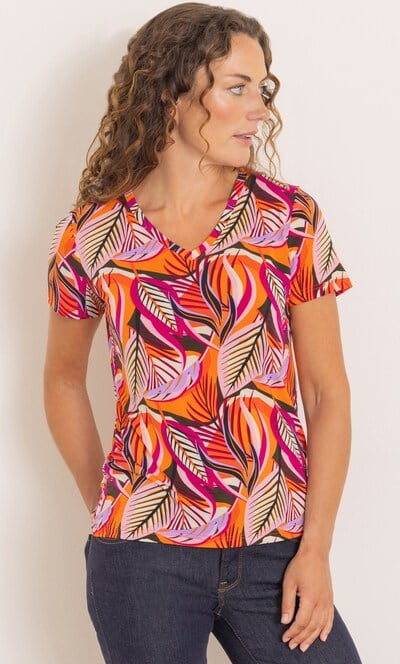 Anna Rose Leaf Print V Neck Top