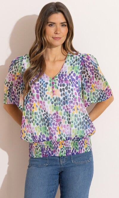 Spot Printed Smocked Hem Top