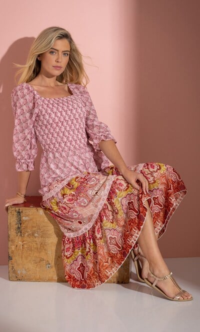 Embellished Printed Smocked Midaxi Dress