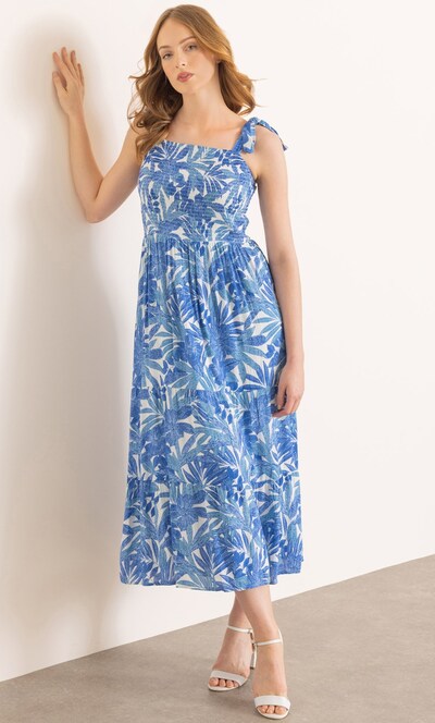 Leaf Print Smocked Maxi Dress