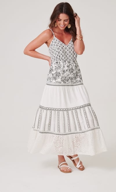 Cotton Blend Panelled Printed Strappy Maxi Dress