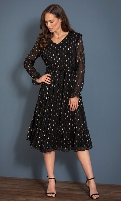 Foil Leaf Print Chiffon Midi Dress