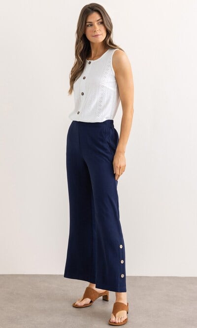 Wide Leg Button Trim Pull On Trousers