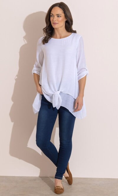Layered Dipped Hem Tie Front Tunic Top