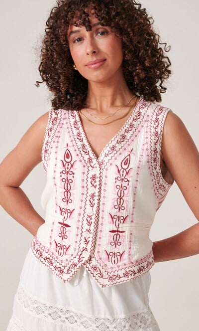 Embroidered Stripe Cotton Waistcoat